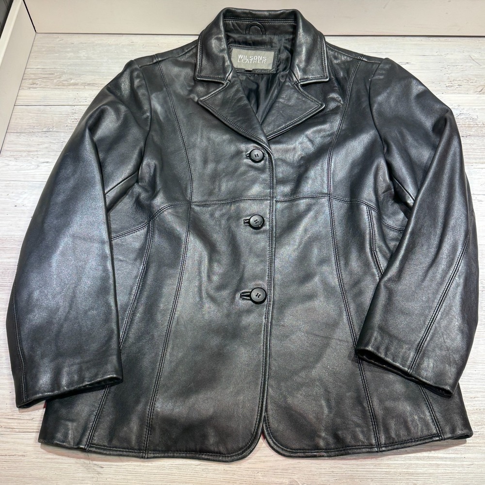 Wilsons Leather Black Genuine Leather Blazer Jacket Womens XL 3 Button